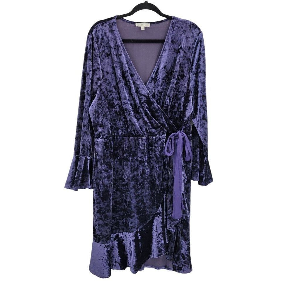 Spense Renaissance‎ Velour Baby Doll Dress Sz 16W Wrap Bell Ruffle Gothic Purple